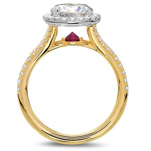 Point of Love Round Brilliant 2 Carat Diamond Halo 18K Gold Engagement Ring with Ruby