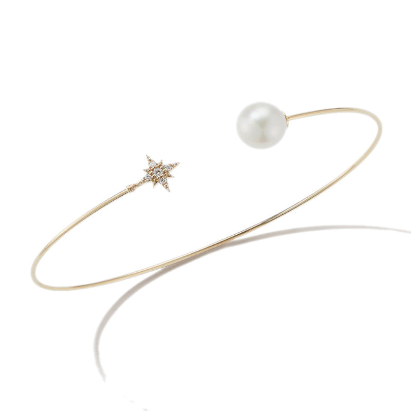 Mizuki 14k Yellow Gold Star Diamond and Pearl Cuff Bracelet