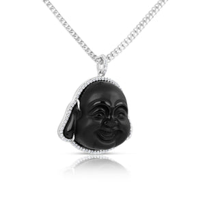 Custom Made 14k White Gold Black Jade Happy Buddha Head Diamond Pendant