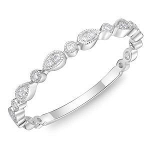 Memoire 18k White Gold Vintage Pear Illusion and Round Stackable Diamond Band