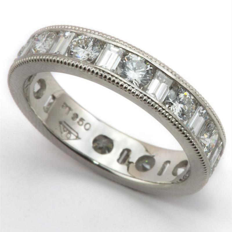 Round & Baguette Diamond Alternating Eternity Channel Set Platinum Wedding Band Ring