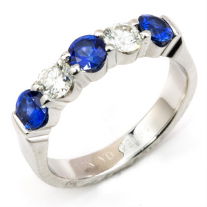 Sapphire & Diamond Prong Set 5 Stone White Gold Wedding Band Ring 18K