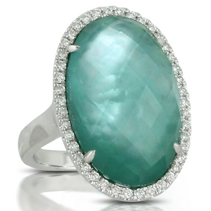 Doves "Cypress Grove" Green Quartz Mother of Pearl, & Agate Oval White Gold Ring with Diamond Halo
