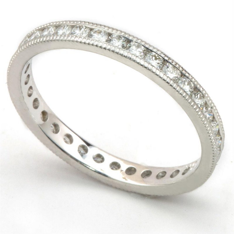 Round Diamond Channel Set Eternity Band Anniversary Ring with Milgrain Edges 18K 3/4 carats