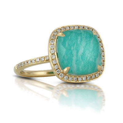 Doves 18K Yellow Gold Diamond Ring with White Topaz Over Amazonite – NAGI