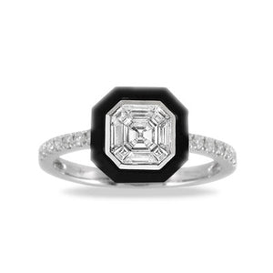 Doves 18K White Gold Invisible Set Diamond Ring with Black Onyx
